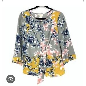 FIGURCA & Flower Women's Gray Floral Print 3/4 Sleeve Blouse Top L